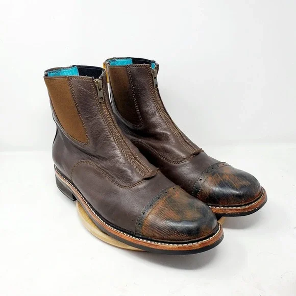 PSKaufman Chelsea Boots Mens 13‎ Brown Leather Front Zip Brogue Cap Toe Shoes